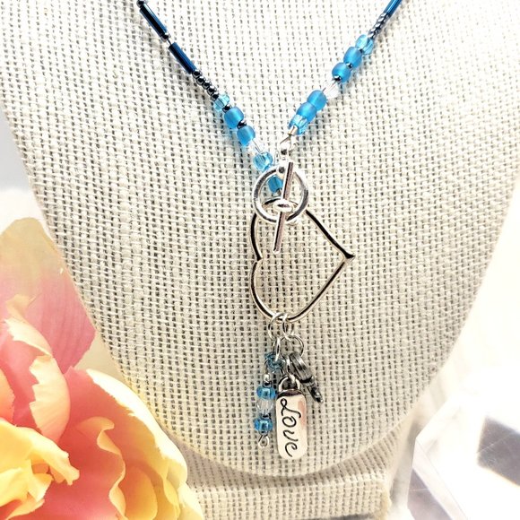 Dark Blue Hematite & Heart Charm Dangle Boho Wrap Bracelet/Necklace Earrings Set - Picture 12 of 17